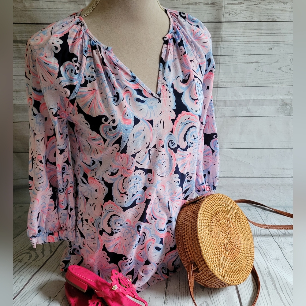 Lilly Pulitzer Willa Top in High Tide Navy for Shore Print